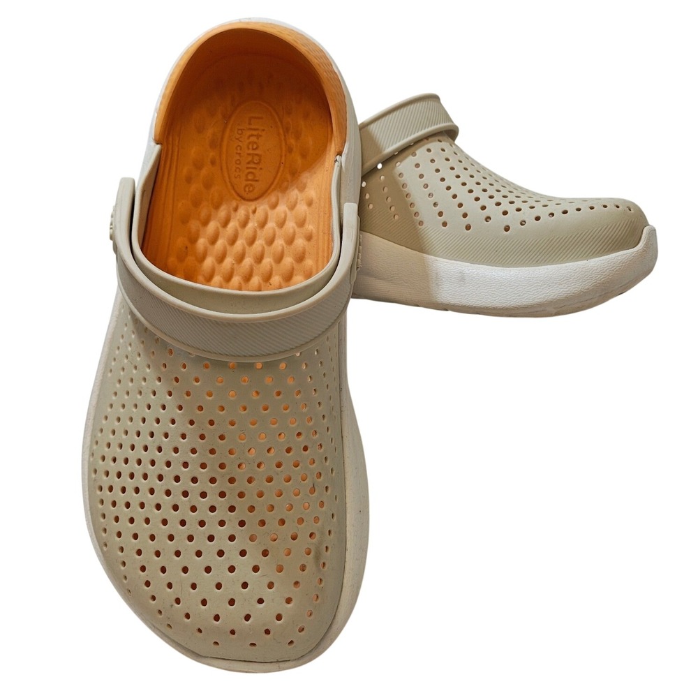 Crocs LiteRide Clogs Womens 7 Cream White Orange Comfort Slip On Shoes